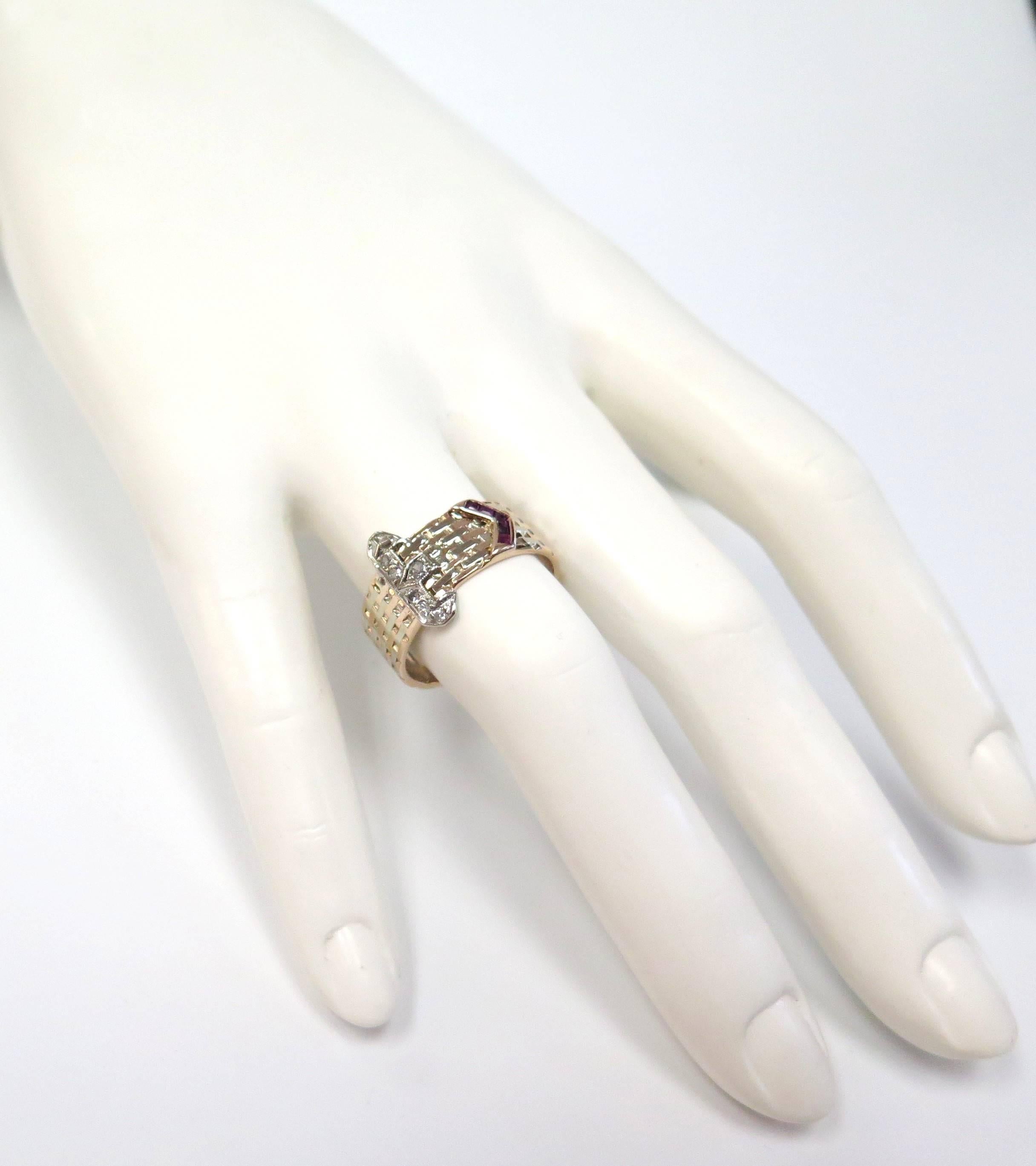 1940s Buckle Ring with Diamonds and Rubies  For Sale 6