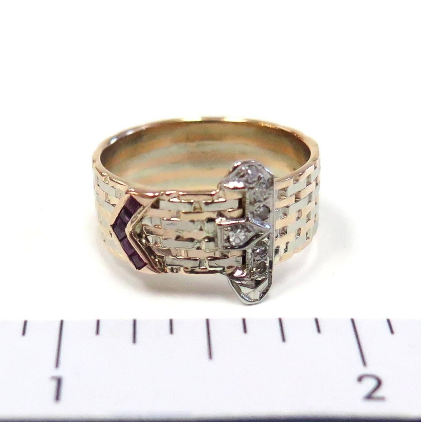 Women's or Men's 1940s Buckle Ring with Diamonds and Rubies  For Sale