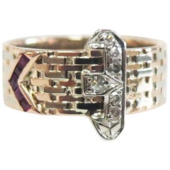 1940s Buckle Ring with Diamonds and Rubies 