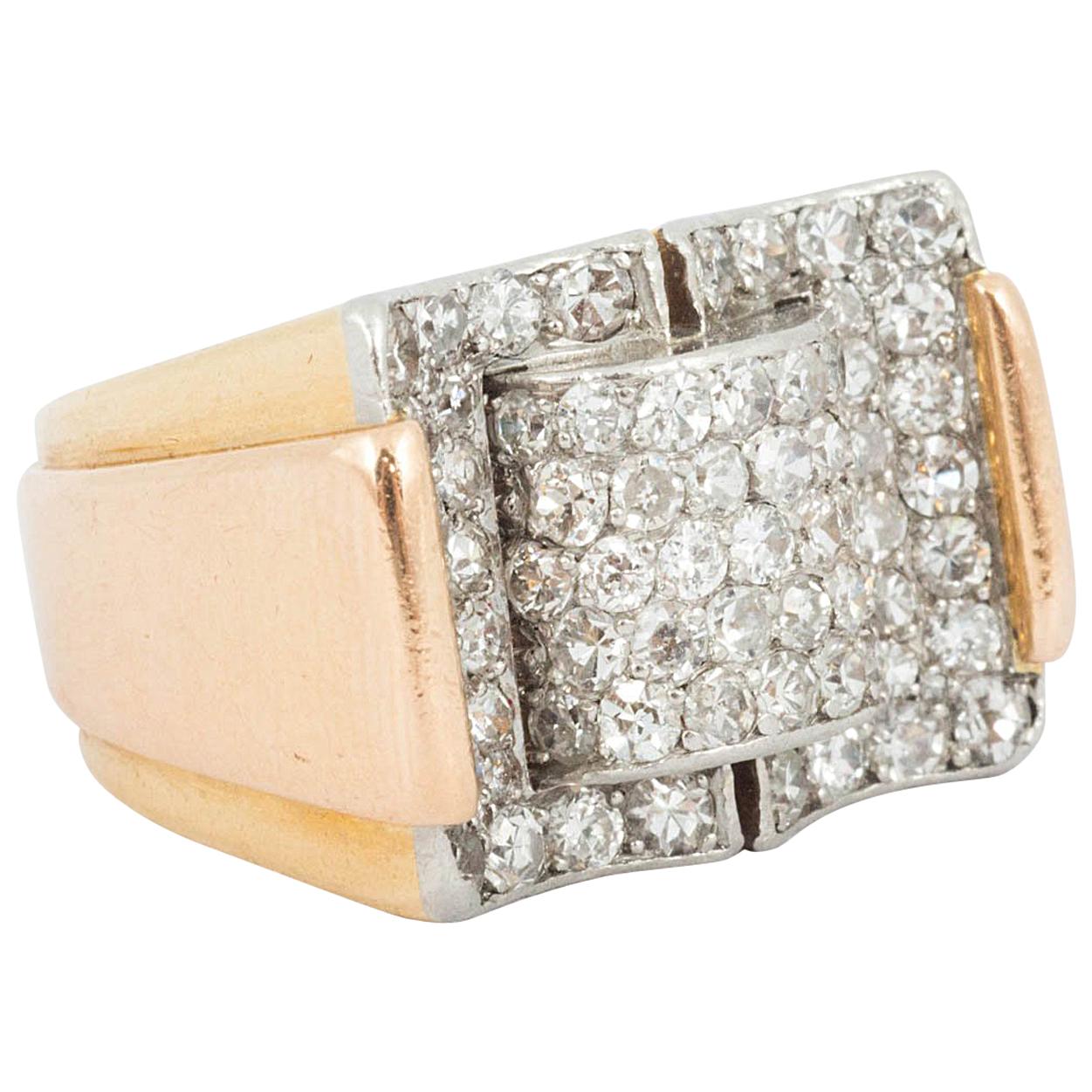 1940s Buckle Shaped Ring Set with Diamonds For Sale