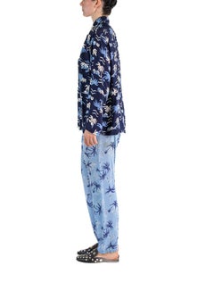 1940S BULLOCKS Navy Blue Rayon White Palm Tree Top & Pant Set