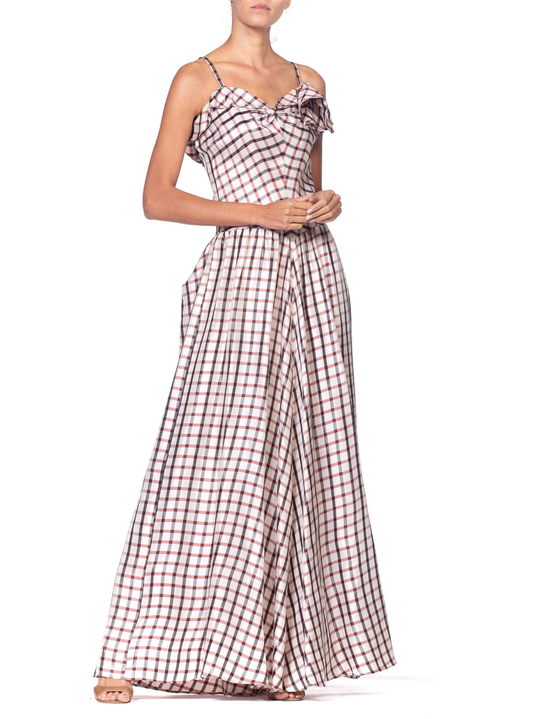 1940'S Burgundy & Black Acetate Plaid Full Ballroom Skirt Gown With Victorian R In Excellent Condition For Sale In New York, NY