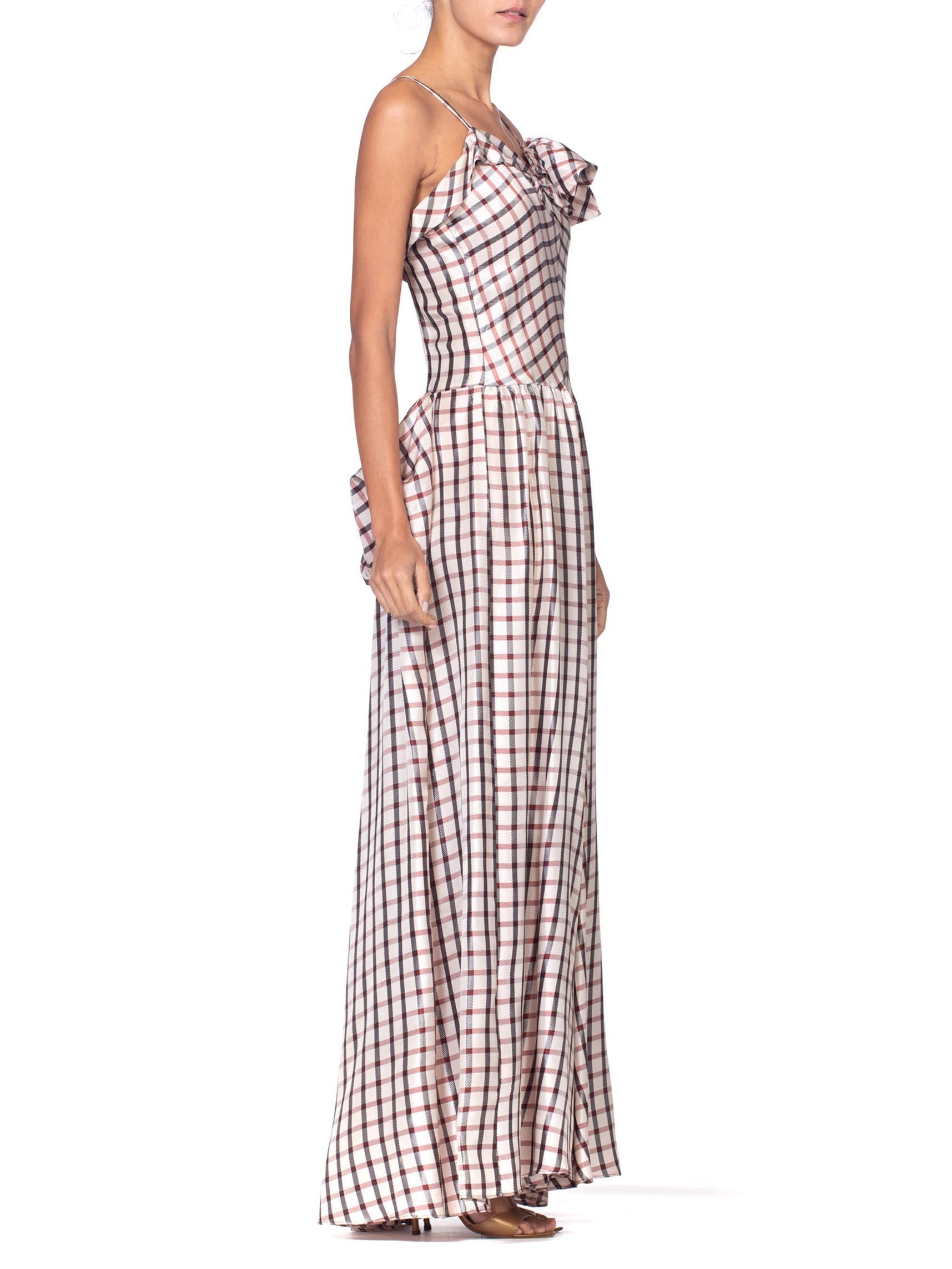 1940'S Burgundy & Black Acetate Plaid Full Ballroom Skirt Gown With Victorian R For Sale 1