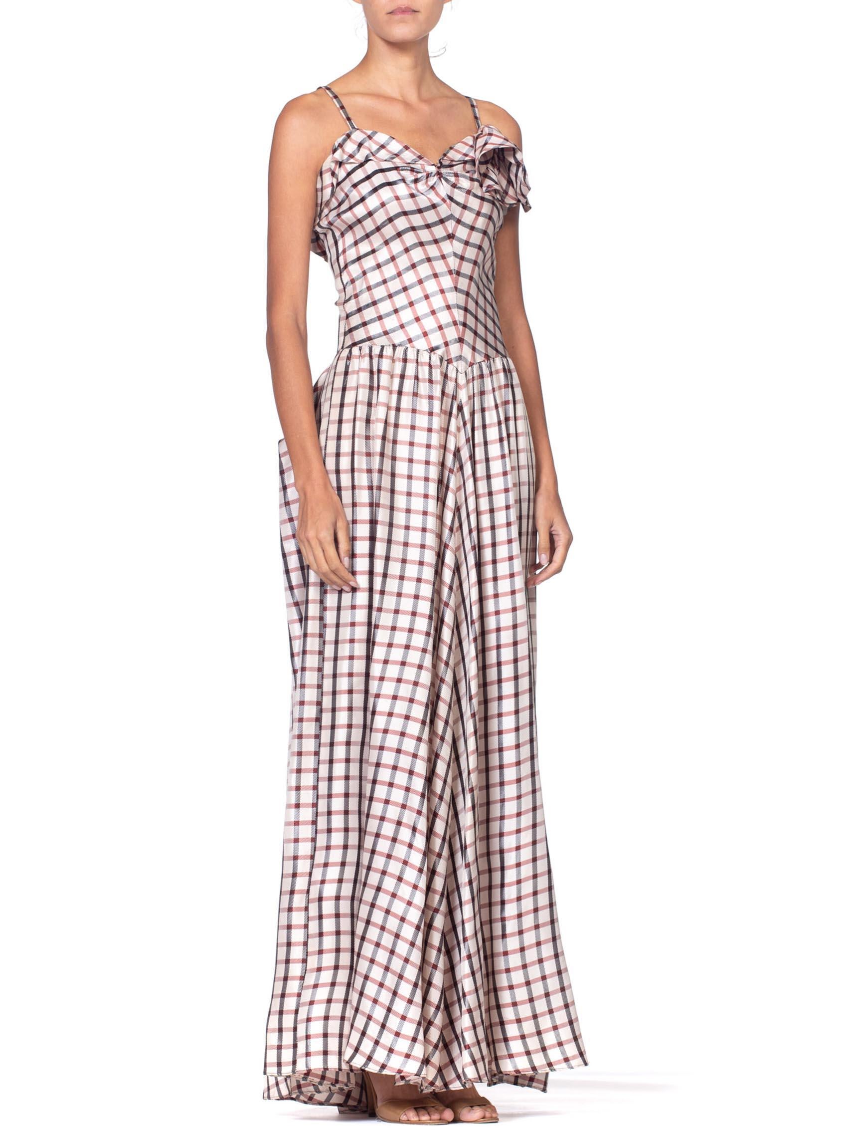 1940'S Burgundy & Black Acetate Plaid Full Ballroom Skirt Gown With Victorian R For Sale 2