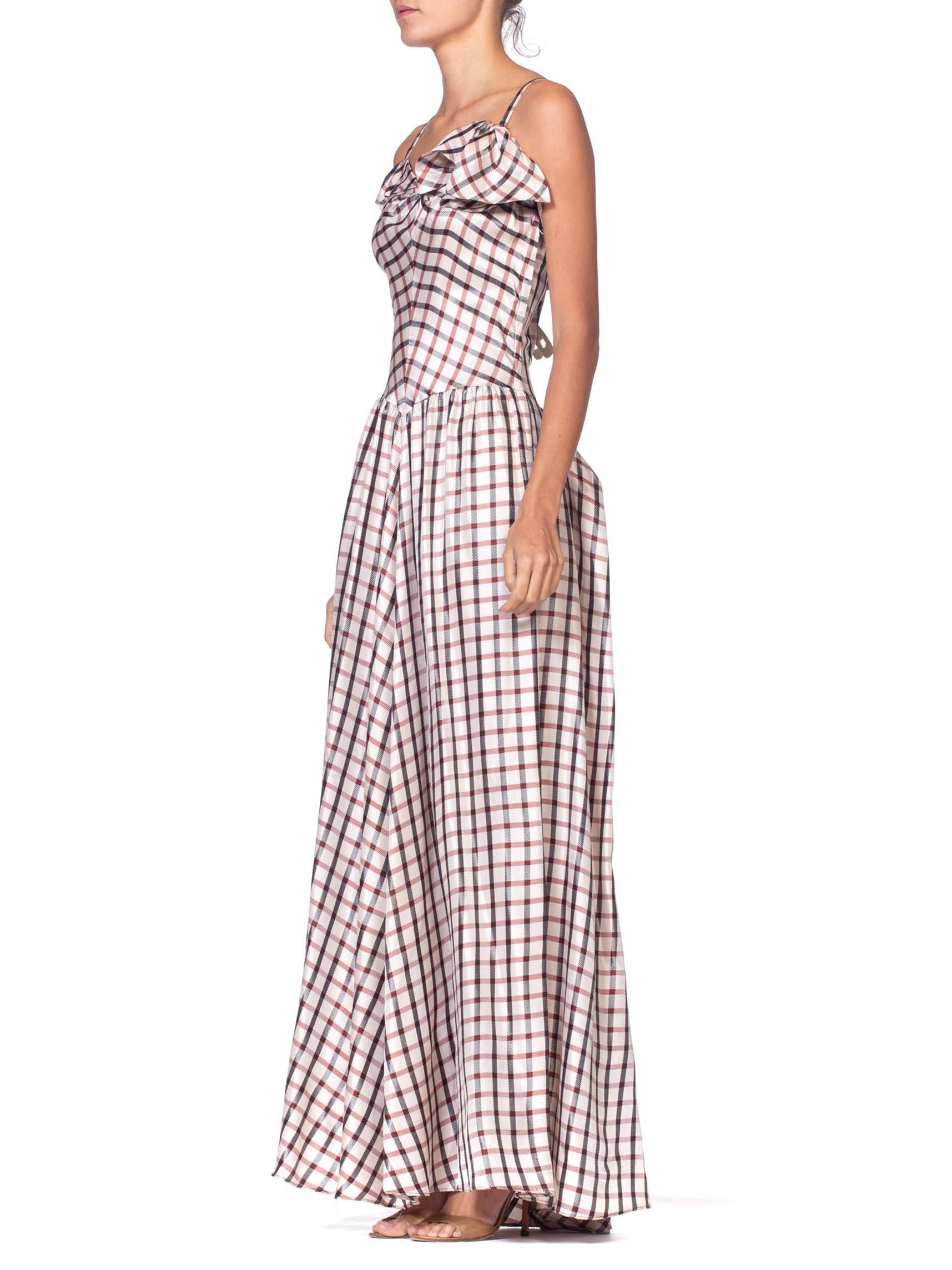 1940'S Burgundy & Black Acetate Plaid Full Ballroom Skirt Gown With Victorian R For Sale 3