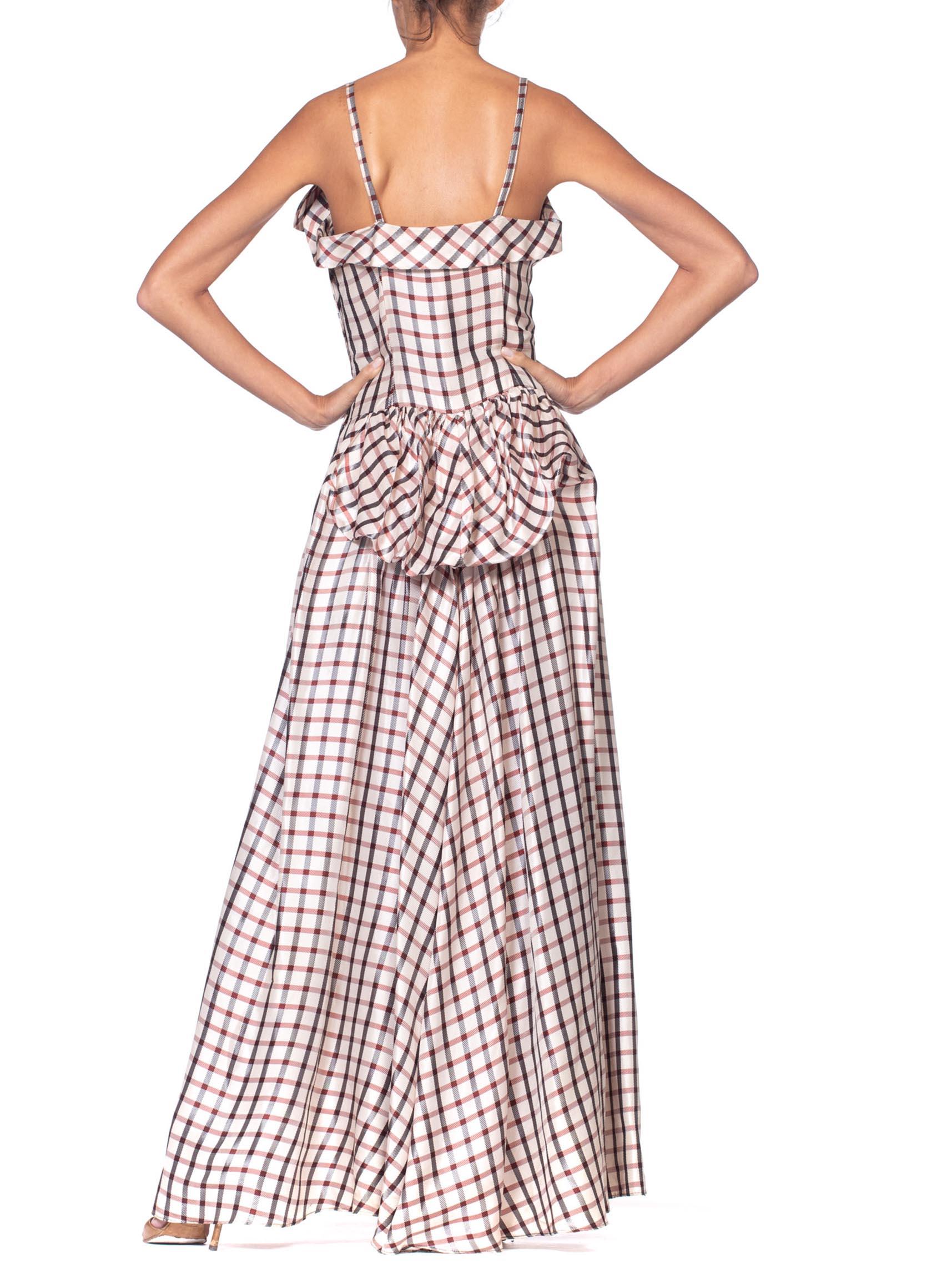 1940'S Burgundy & Black Acetate Plaid Full Ballroom Skirt Gown With Victorian R For Sale 4