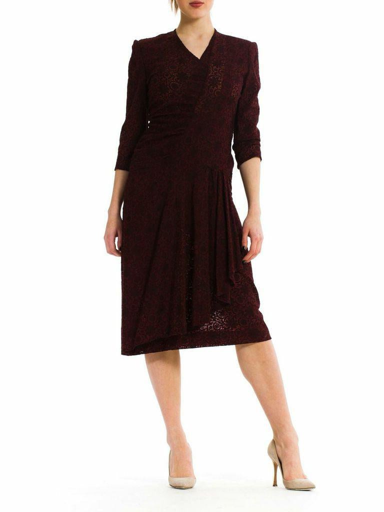 1940S Burgundy Embroidered Floral Lace Day Dress With Draped Wrap Front For Sale 5