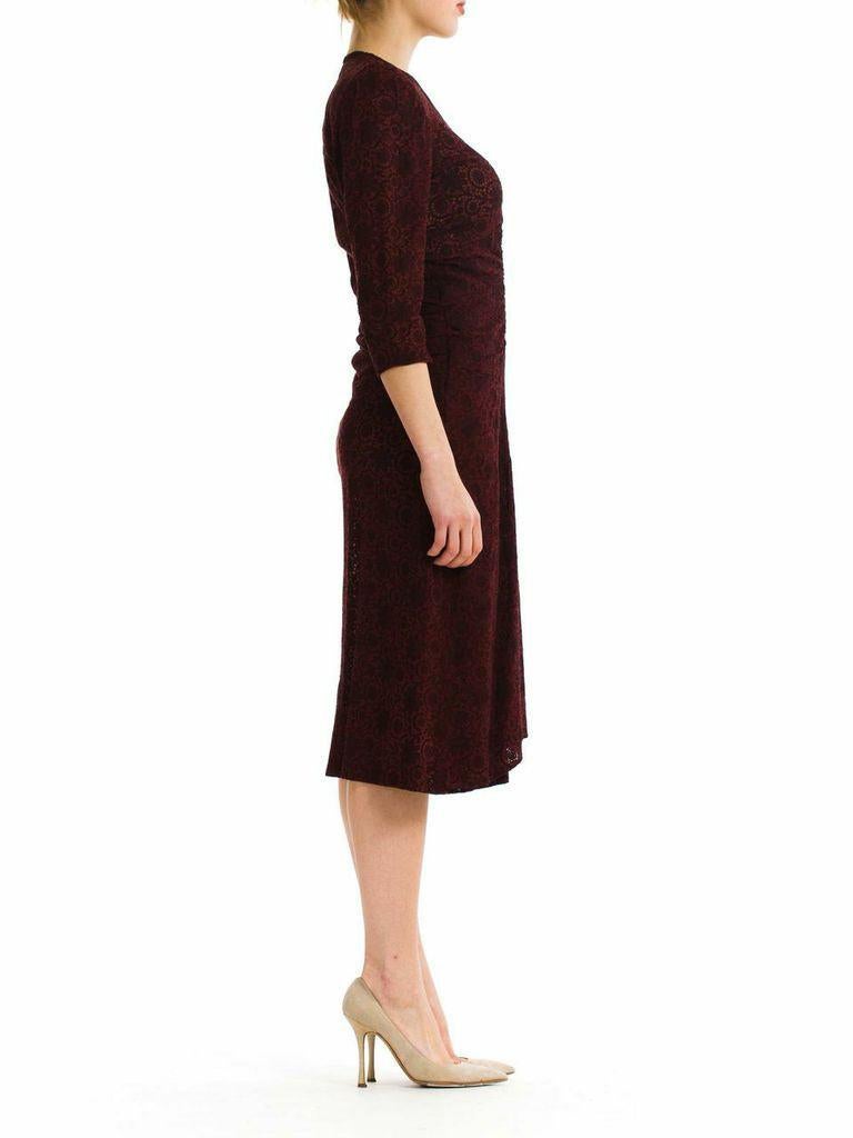 Black 1940S Burgundy Embroidered Floral Lace Day Dress With Draped Wrap Front For Sale