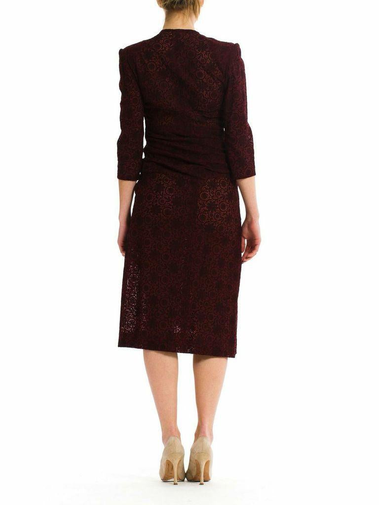 1940S Burgundy Embroidered Floral Lace Day Dress With Draped Wrap Front In Excellent Condition For Sale In New York, NY