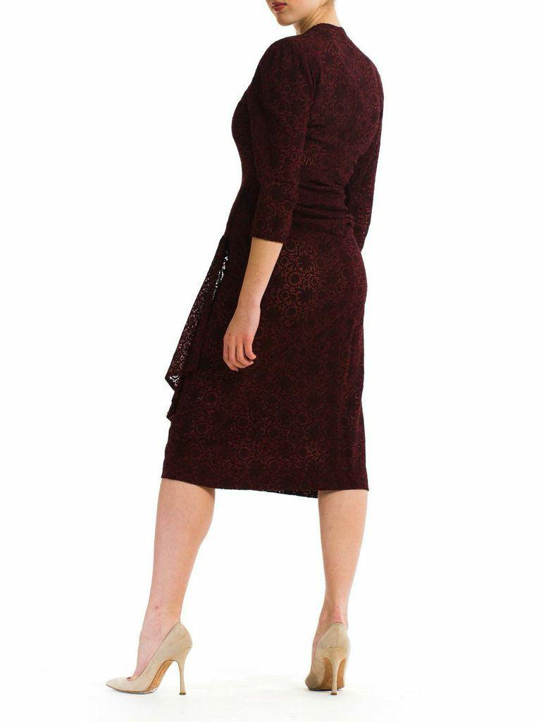 Women's 1940S Burgundy Embroidered Floral Lace Day Dress With Draped Wrap Front For Sale