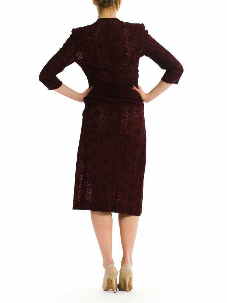 1940S Burgundy Embroidered Floral Lace Day Dress With Draped Wrap Front For Sale 1