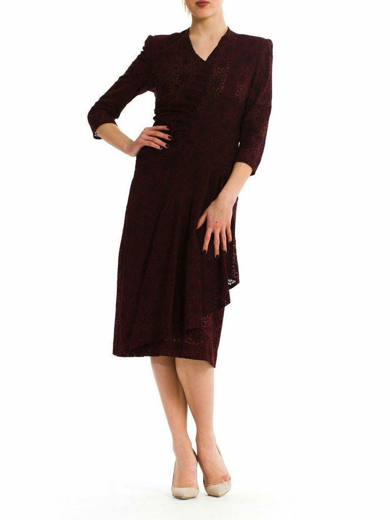 1940S Burgundy Embroidered Floral Lace Day Dress With Draped Wrap Front For Sale 2