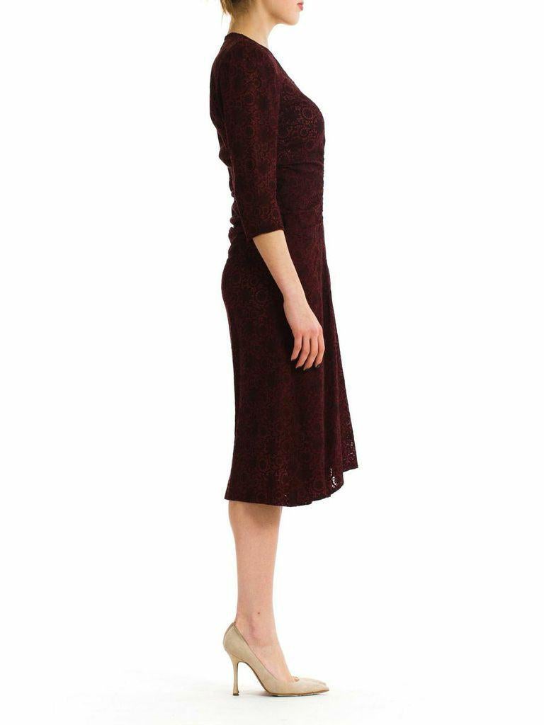 1940S Burgundy Embroidered Floral Lace Day Dress With Draped Wrap Front For Sale 3