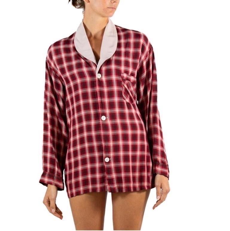 Brown 1940S Burgundy Light Weight Rayon Plaid Men's Shirt For Sale