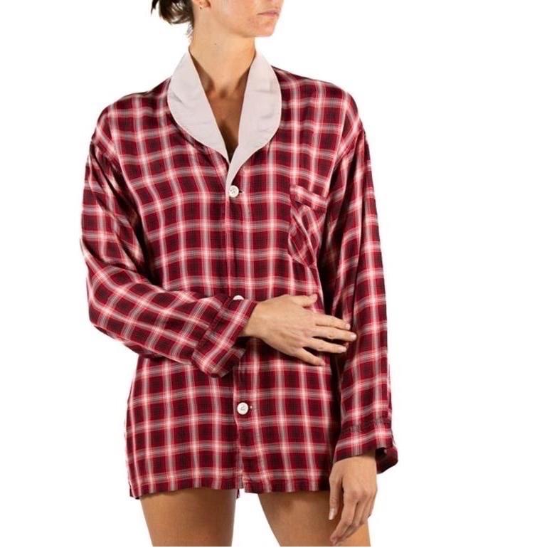 1940S Burgundy Light Weight Rayon Plaid Men's Shirt For Sale 2