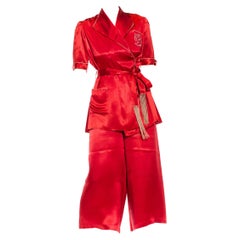 Vintage 1940S Burgundy Rayon Satin Men's Style Pajamas