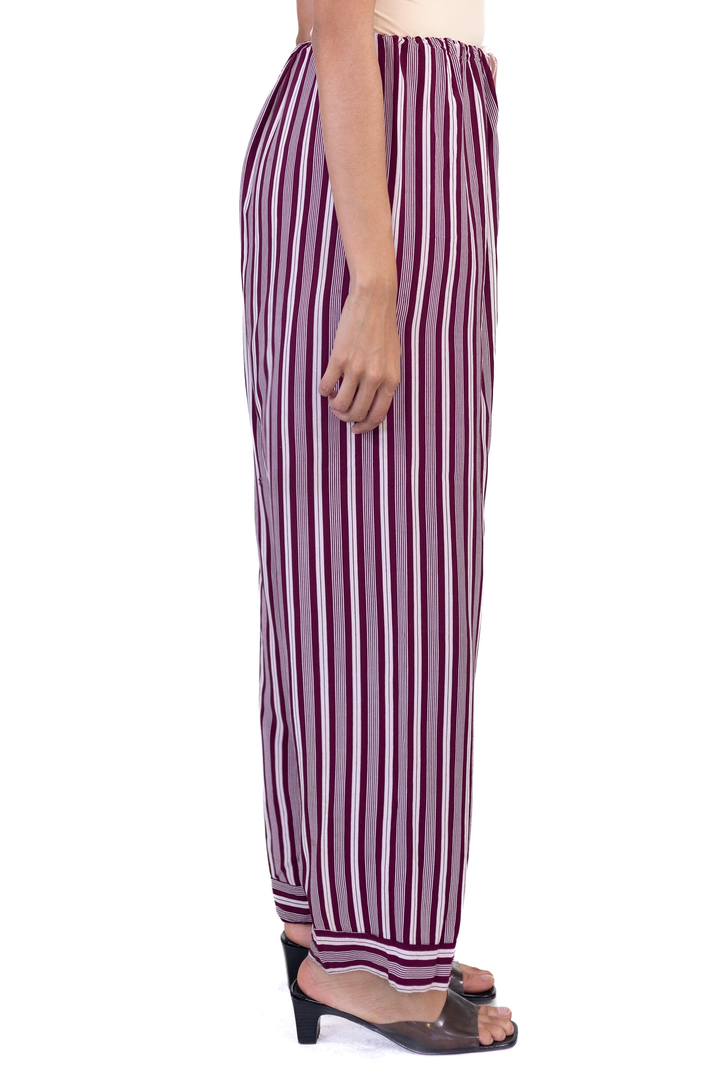 1940S Burgundy Striped Rayon Pajama Pants In Excellent Condition For Sale In New York, NY