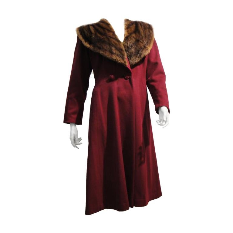 1940s Burgundy Wool Coat w/ Mink Shawl Collar
