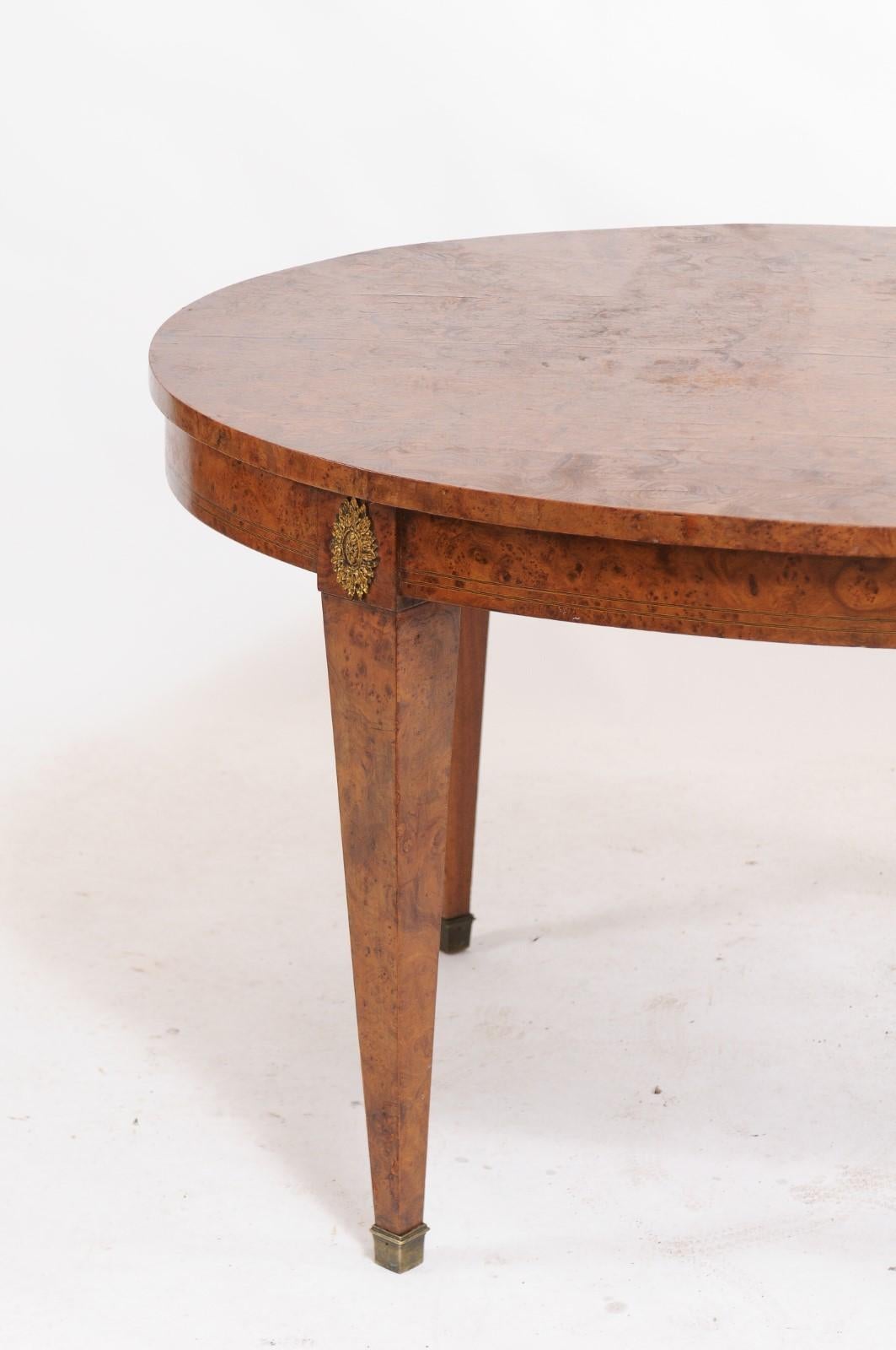 French 1940s Burled Walnut Louis XVI-Style Oval Dining Table