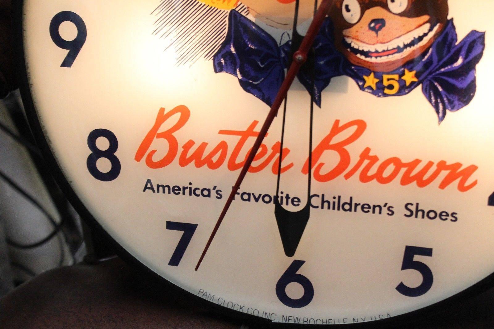 Buster Brown and the dog Tyge is an American Iconic History as far as shoes and advertising goes. This clock was used to advertise Children Shoes by Buster Brown. Advertising is very clean and in great shape. Clock was manufactured by a popular