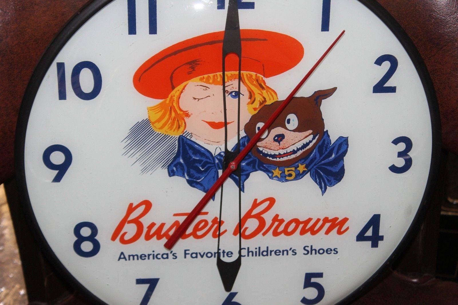 Mid-20th Century 1940s Buster Brown Shoes Pam Co. Advertising Vintage Lighted Wall Clock For Sale