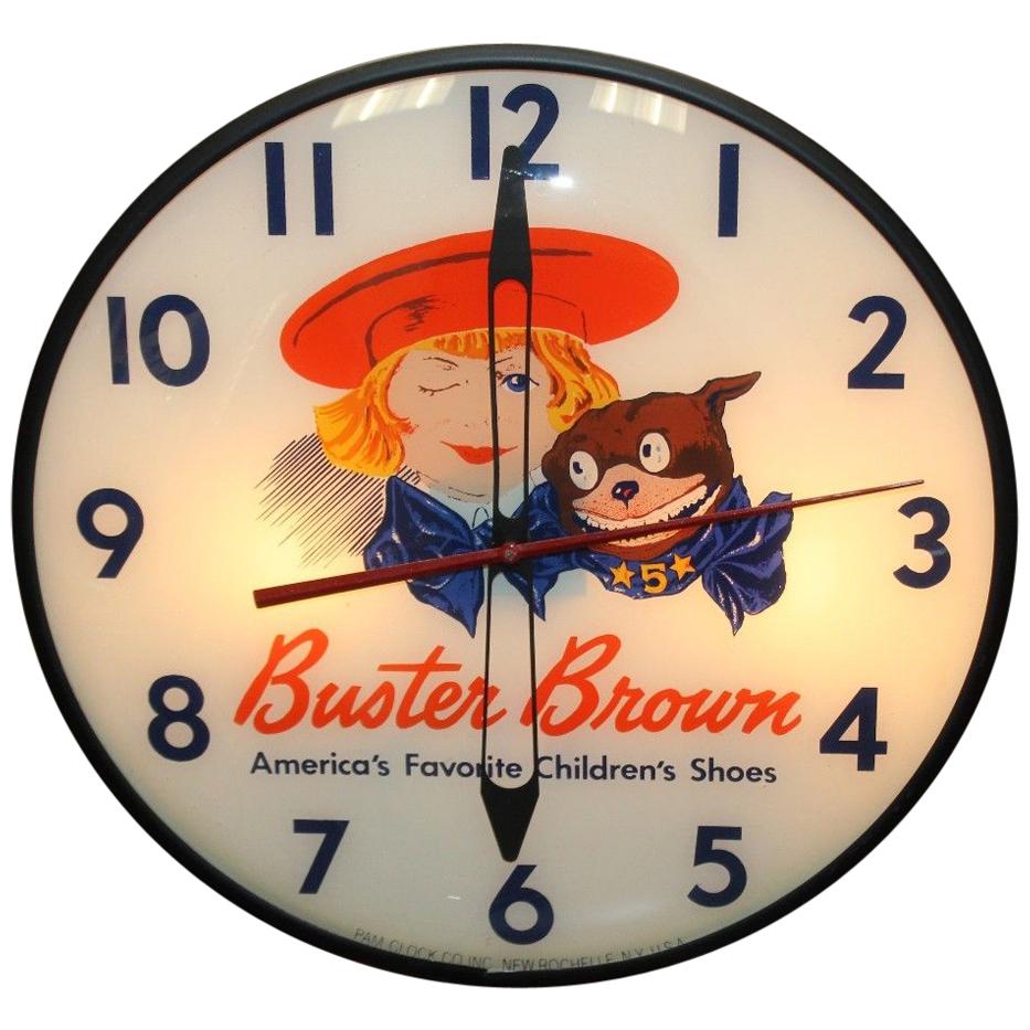 1940s Buster Brown Shoes Pam Co. Advertising Vintage Lighted Wall Clock For Sale