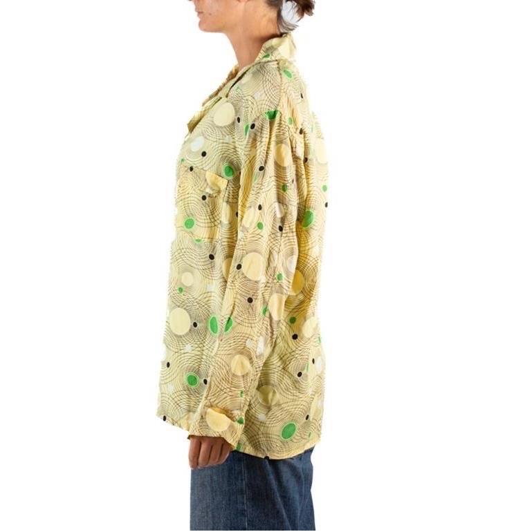 Beige 1940S Butter Yellow & Black Cold Rayon Atomic Geometric Button Down Men's Shirt For Sale