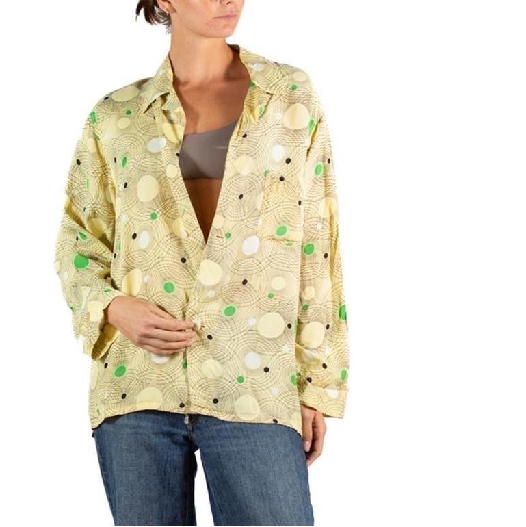 1940S Butter Yellow & Black Cold Rayon Atomic Geometric Button Down Men's Shirt For Sale 1