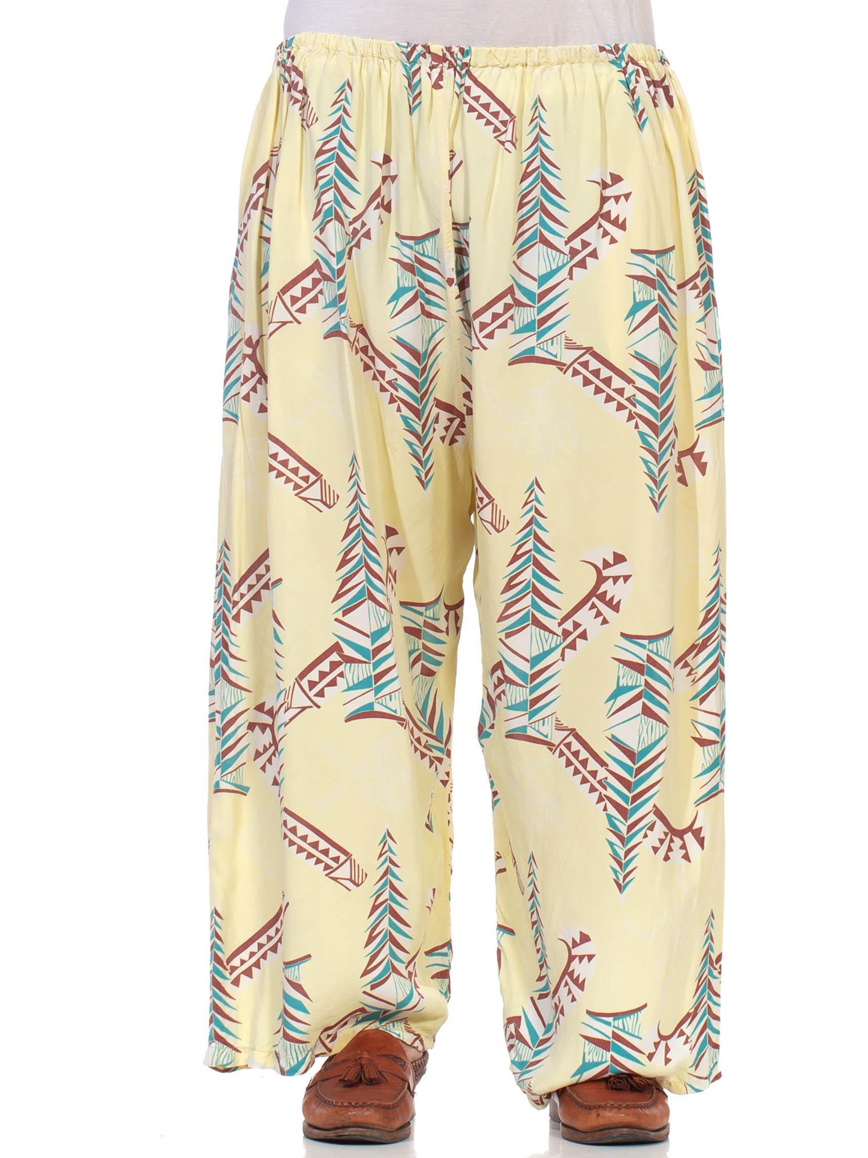 Beige 1940S Butter Yellow Brown & Teal Rayon Pajama Lounge Pants For Sale