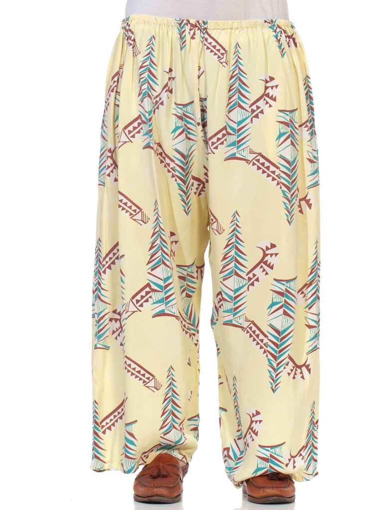 1940S Butter Yellow Brown and Teal Rayon Pajama Lounge Pants For Sale ...
