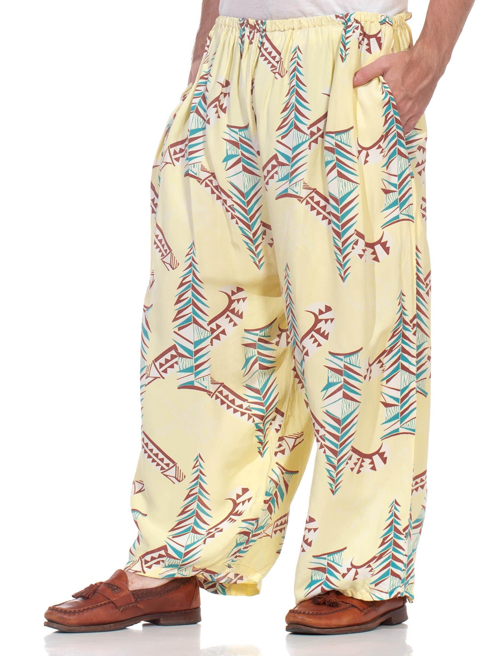 1940S Butter Yellow Brown & Teal Rayon Pajama Lounge Pants For Sale 3