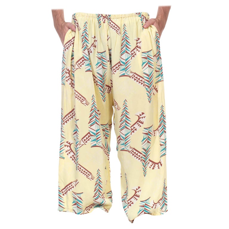 1940S Butter Yellow Brown and Teal Rayon Pajama Lounge Pants For Sale ...