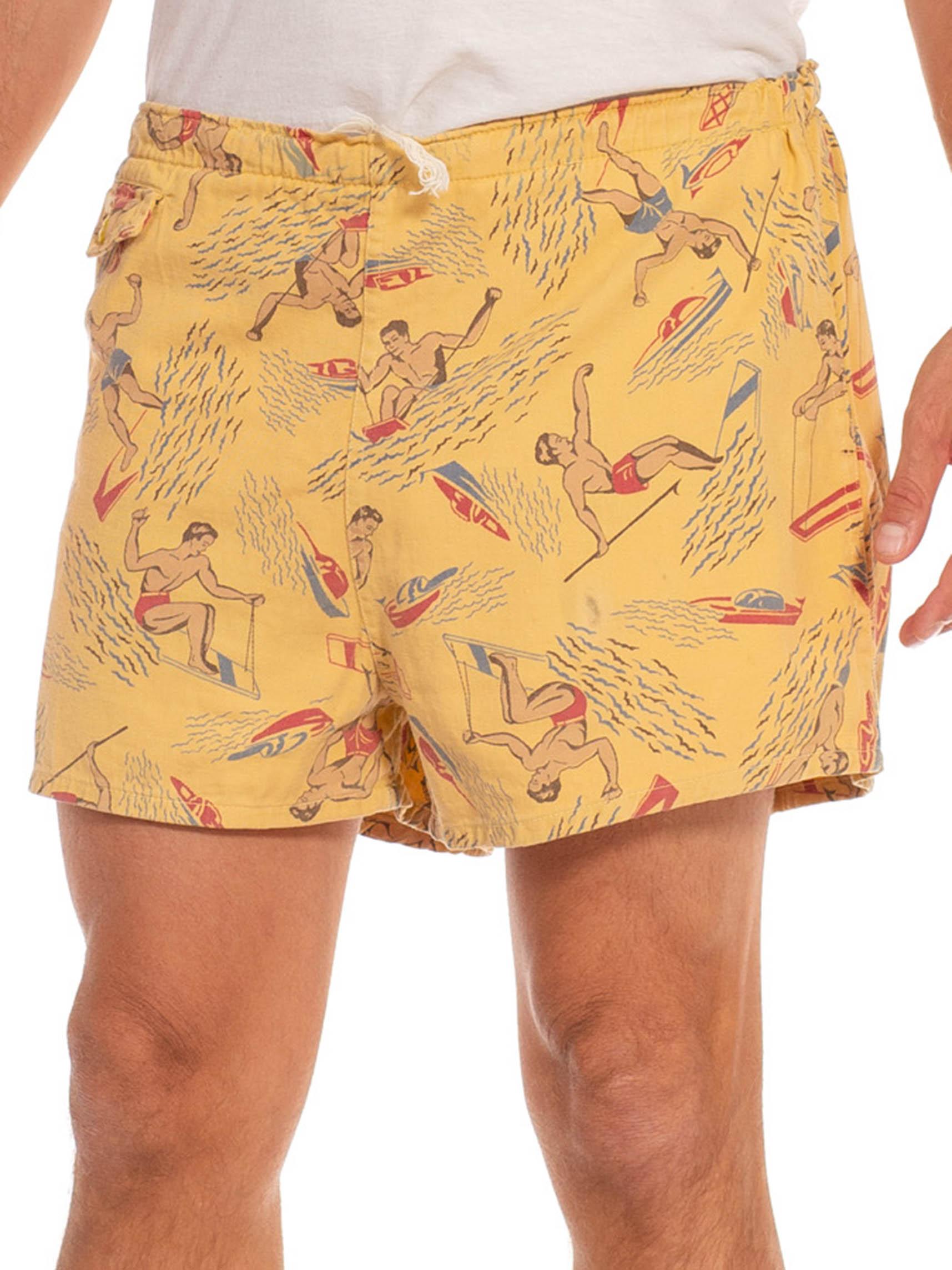 Orange 1940S Butter Yellow & Red Cotton Men Surfing Printed Shorts For Sale