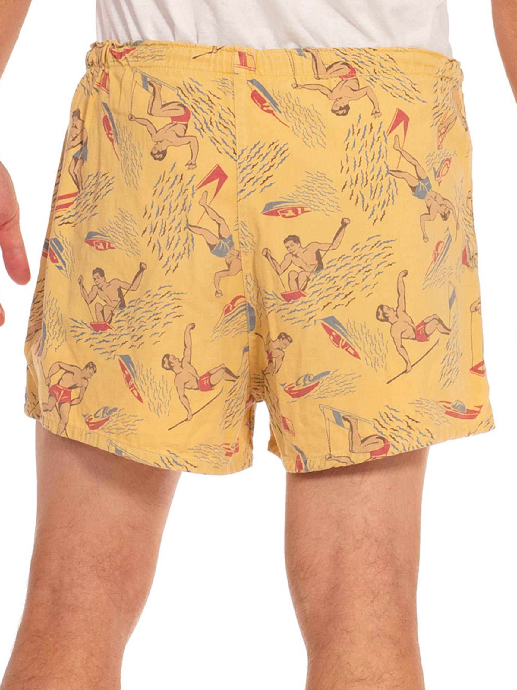 Women's or Men's 1940S Butter Yellow & Red Cotton Men Surfing Printed Shorts For Sale