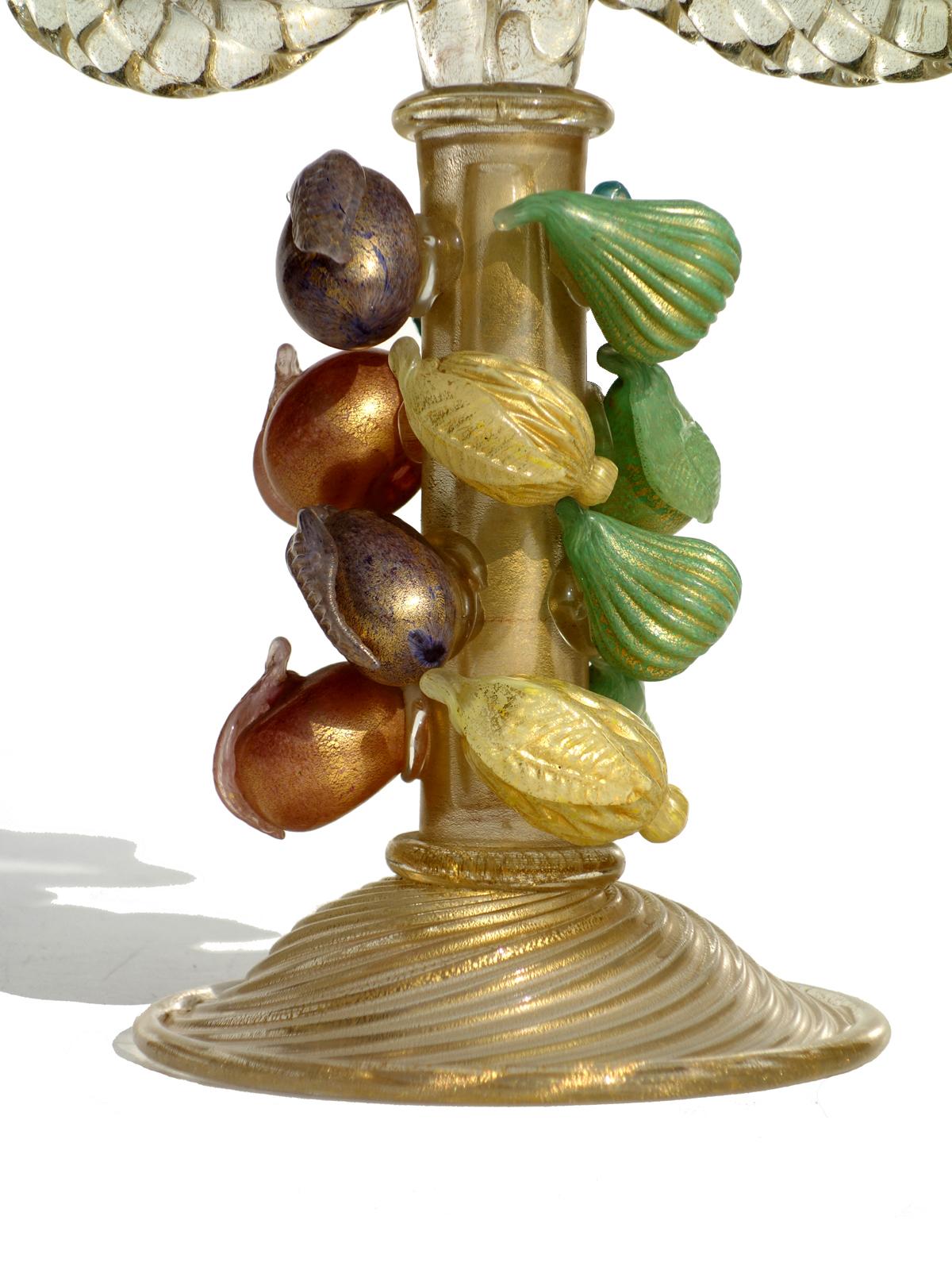 Very rare Murano hand blown fruit and gold dust art glass candlesticks. Documented to master artist and designer Ercole Barovier, for Barovier e Toso, circa 1940s.