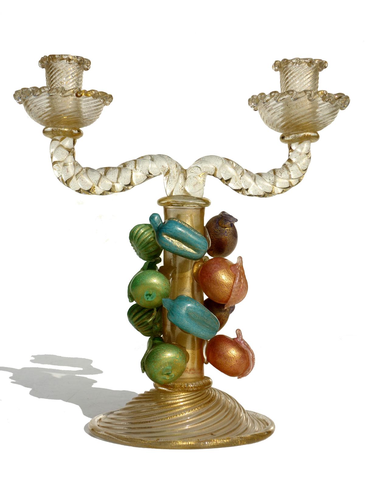 Art Deco 1940s by Ercole Barovier Murano Italian Art Glass Fruit Sculpture Candleholder For Sale