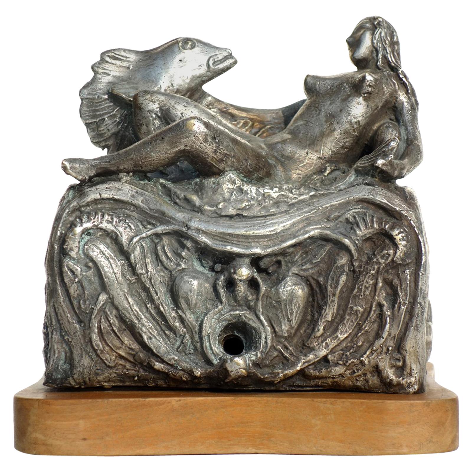 Boîte à musique en métal argenté sculptée Esoteric Masonic d'Oméro Taddeini des années 1940