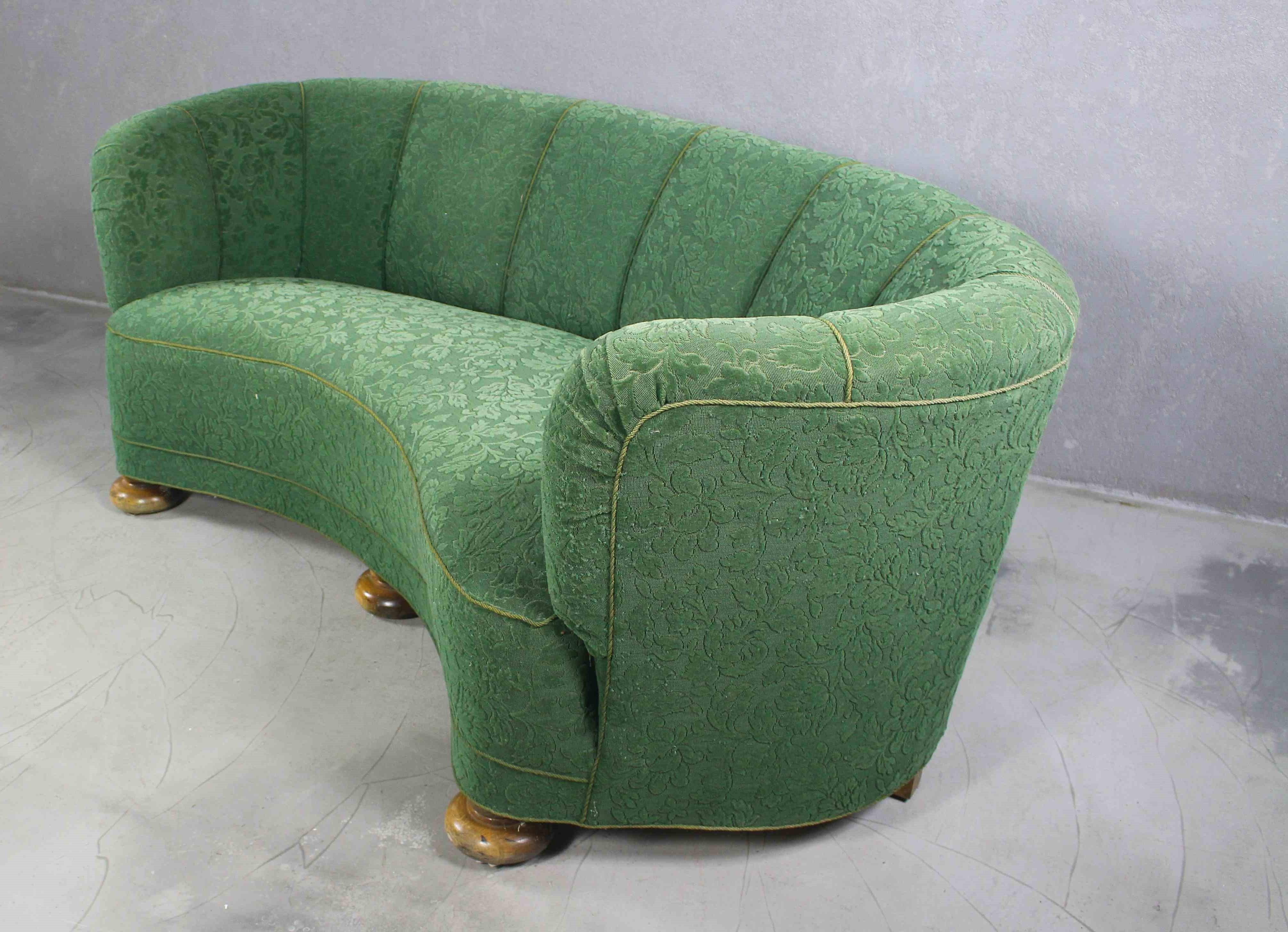 Mid-Century Modern 1940s Cabinetmaker Art Deco Banana Green Sofa