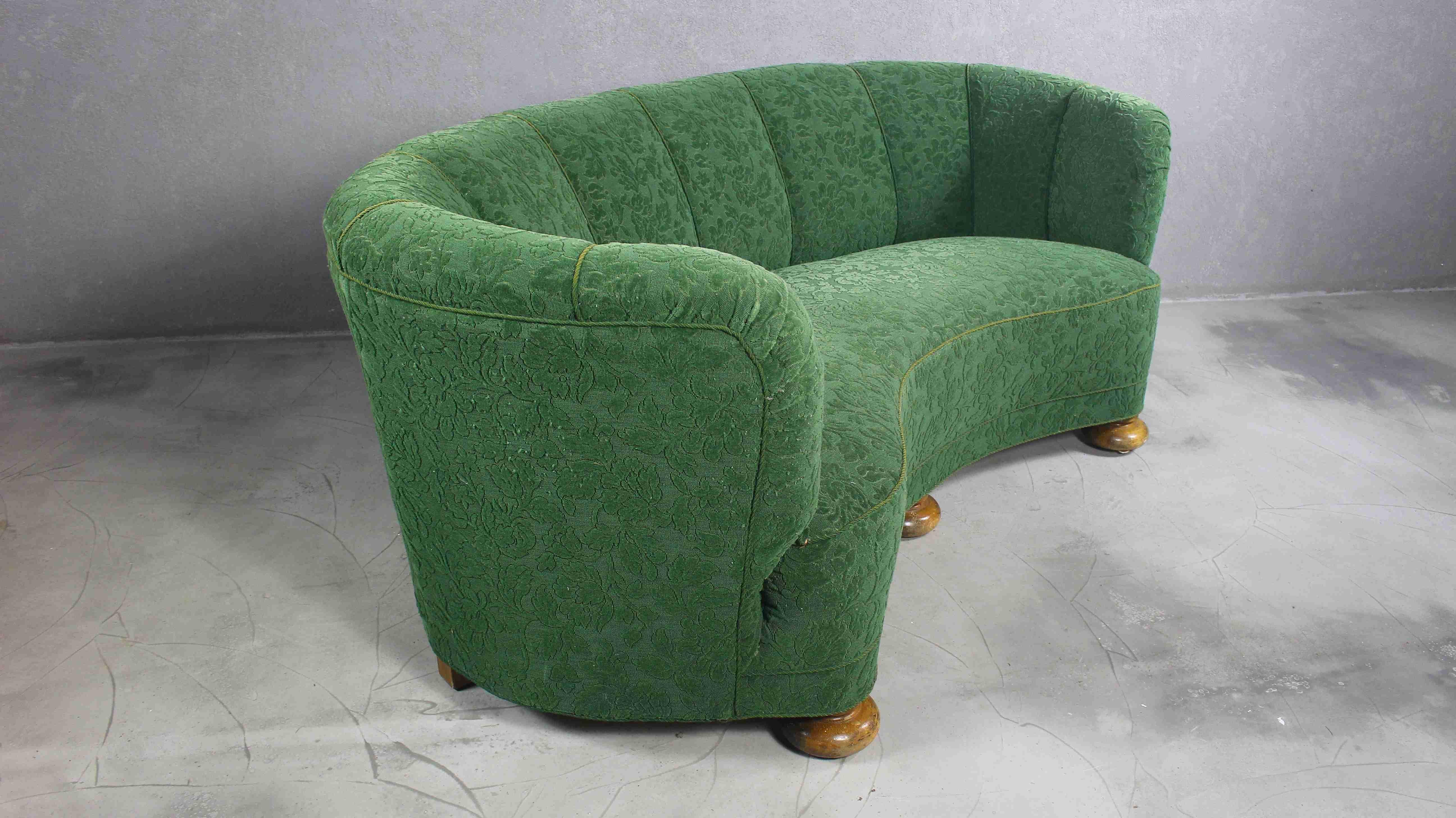 Danish 1940s Cabinetmaker Art Deco Banana Green Sofa