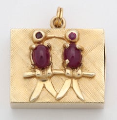 1940s Cabochon Ruby "Love Birds" Musical Gold Charm Pendant with Faceted Rubies