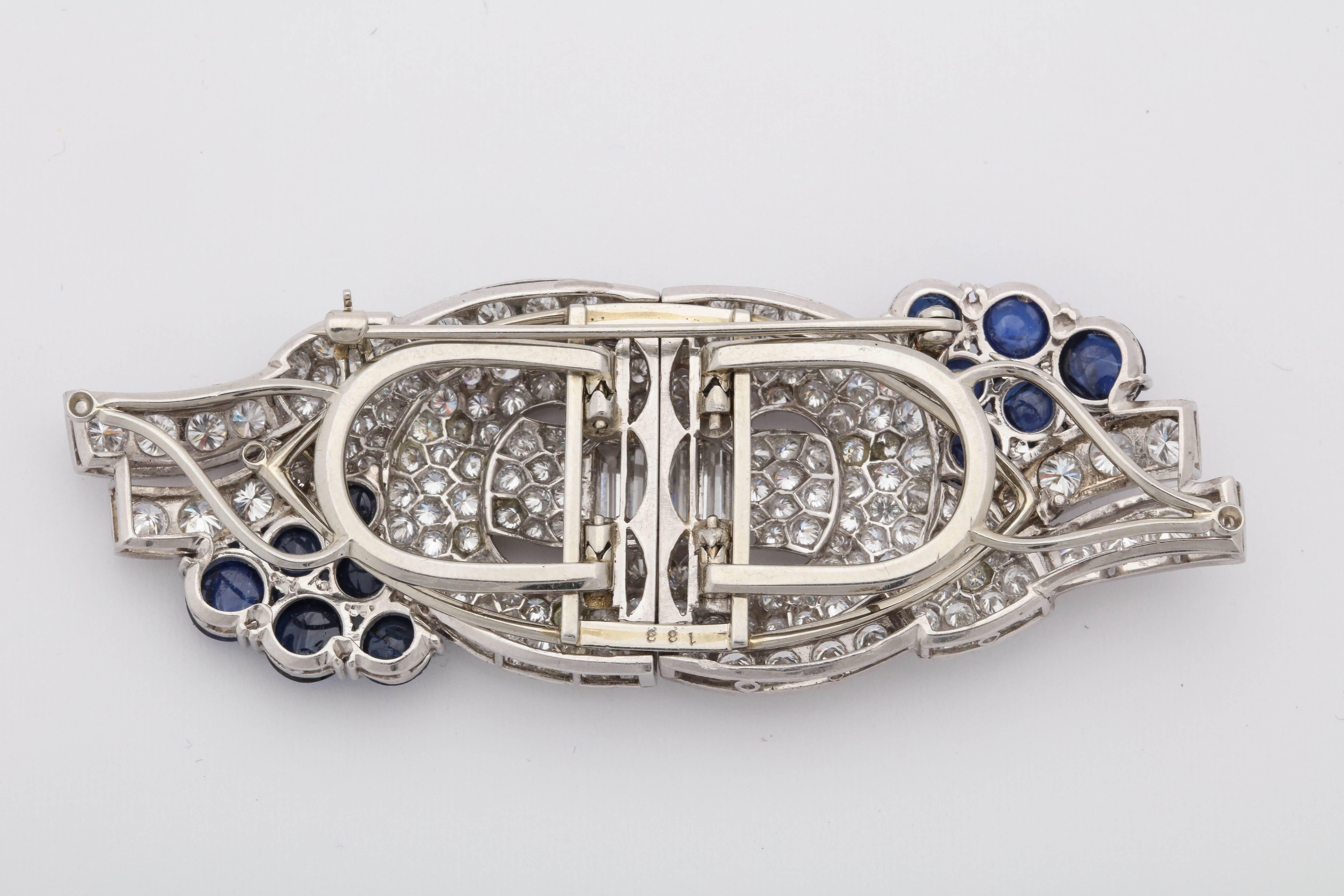 Round Cut 1940s Cabochon Sapphires with Diamonds Convertible Platinum Brooch Dress Clips
