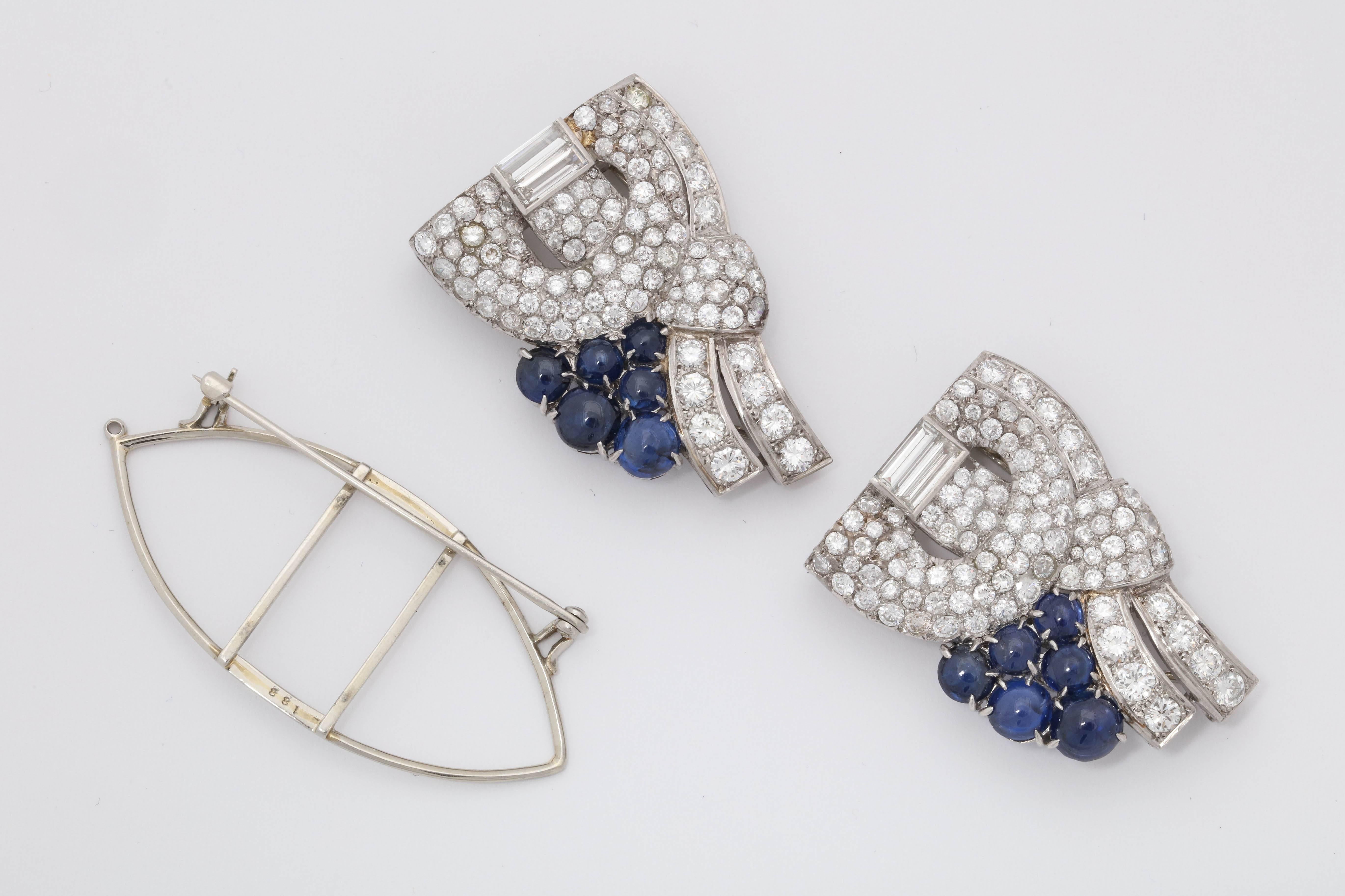 1940s Cabochon Sapphires with Diamonds Convertible Platinum Brooch Dress Clips In Good Condition In New York, NY