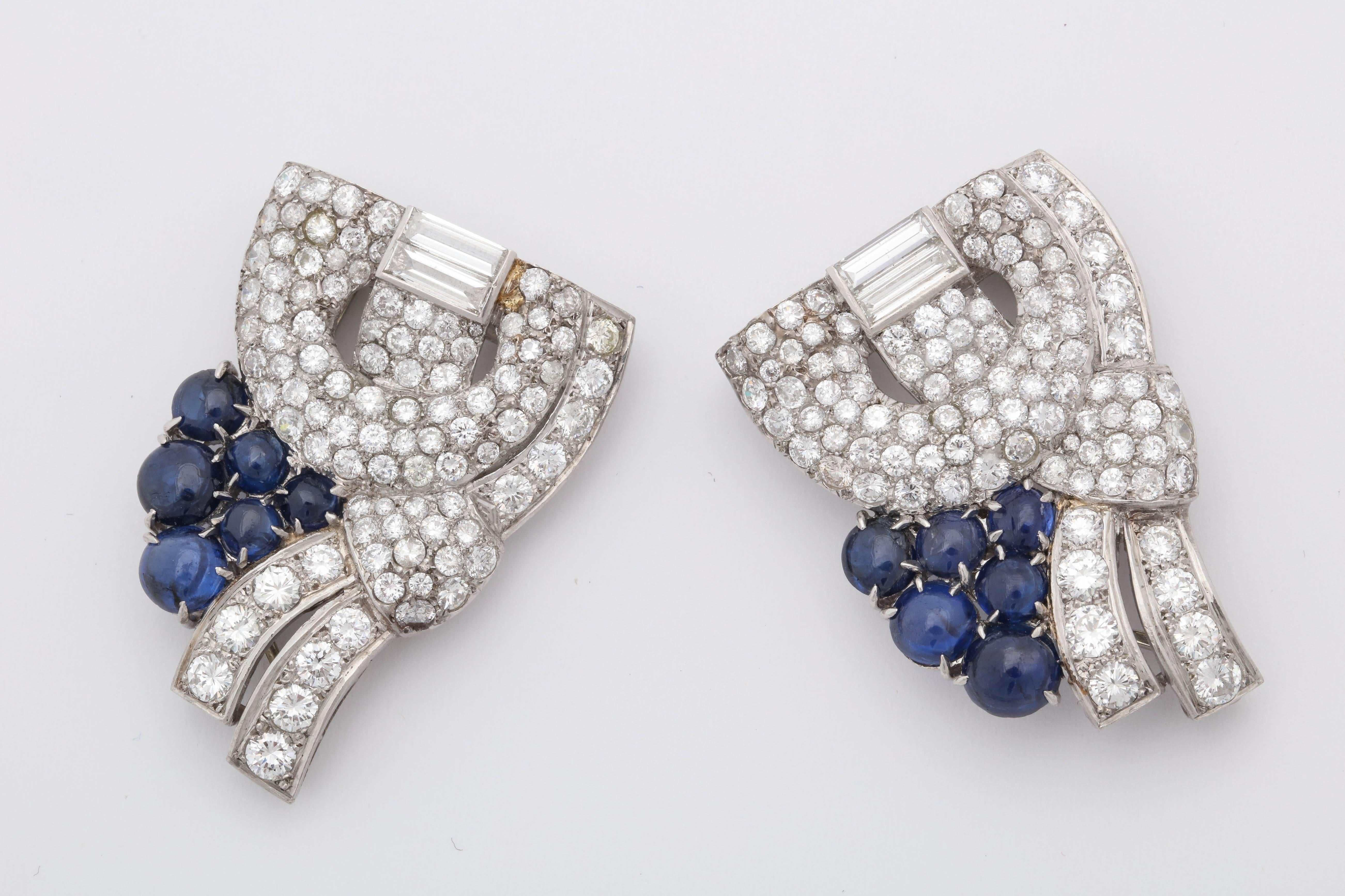 1940s Cabochon Sapphires with Diamonds Convertible Platinum Brooch Dress Clips 1