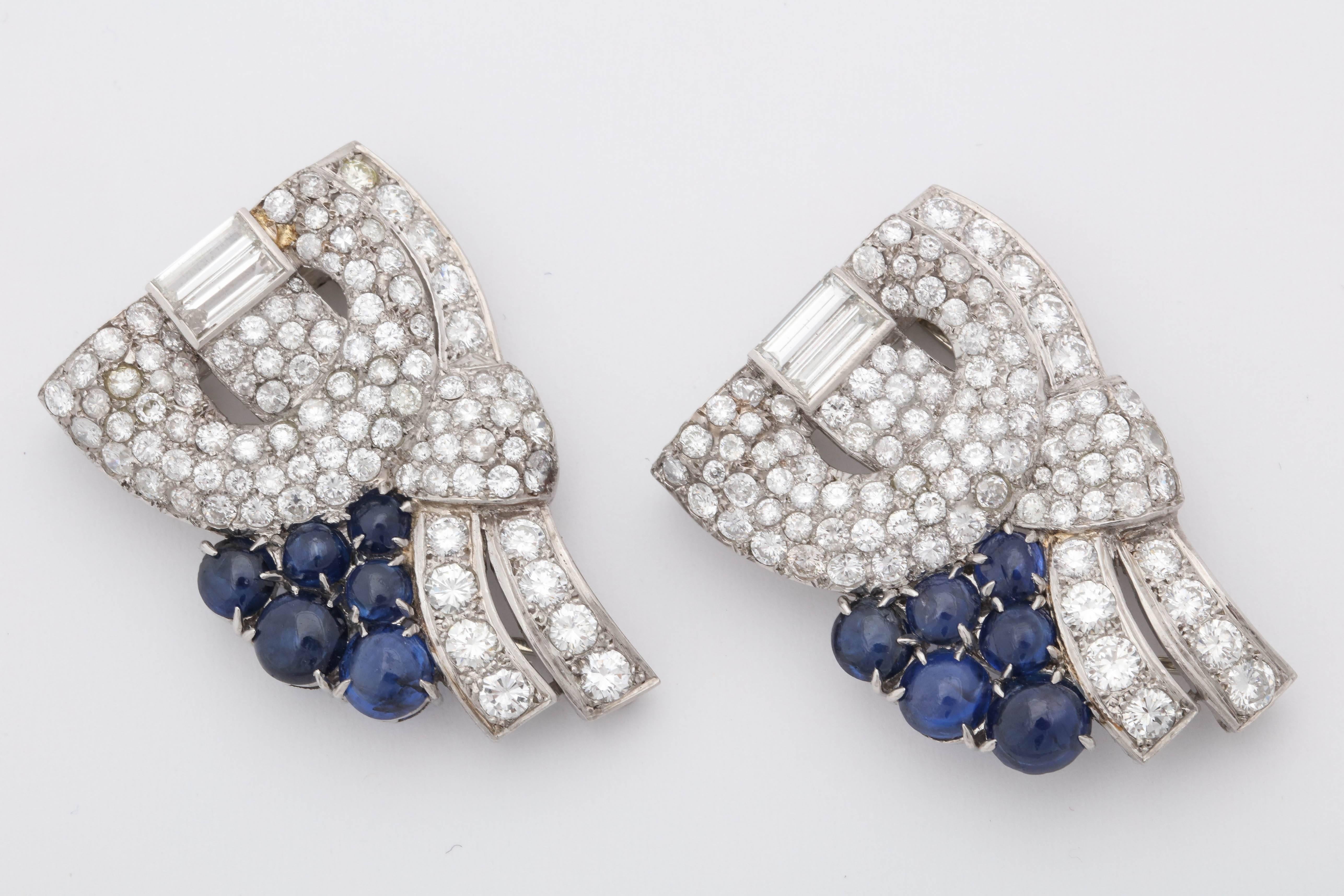 1940s Cabochon Sapphires with Diamonds Convertible Platinum Brooch Dress Clips 2