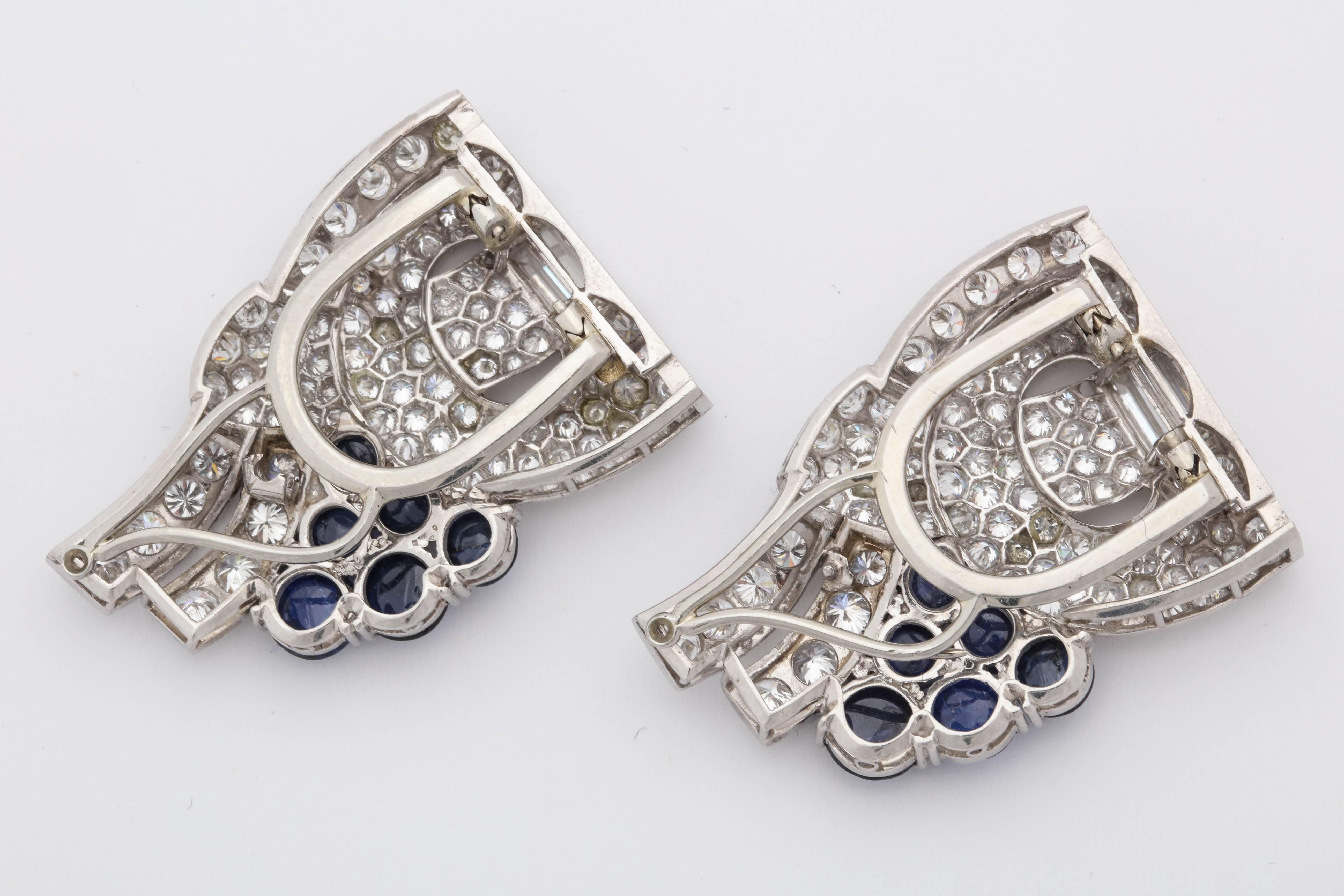1940s Cabochon Sapphires with Diamonds Convertible Platinum Brooch Dress Clips 3