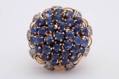 1940s Cabochon Sapphires with Diamonds Floral Gold Cluster Bombe Ring