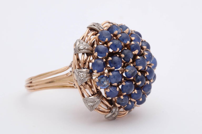 1940s Cabochon Sapphires with Diamonds Floral Gold Cluster Bombe Ring ...