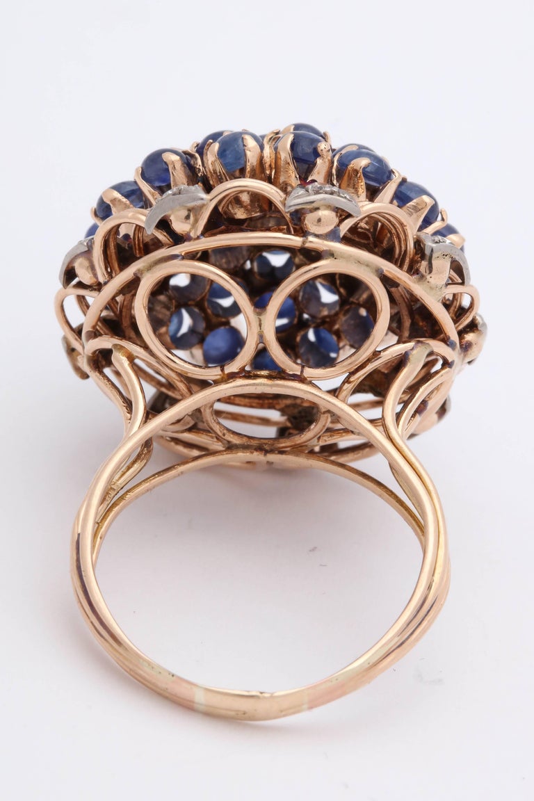 1940s Cabochon Sapphires with Diamonds Floral Gold Cluster Bombe Ring ...