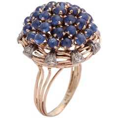1940s Cabochon Sapphires with Diamonds Floral Gold Cluster Bombe Ring