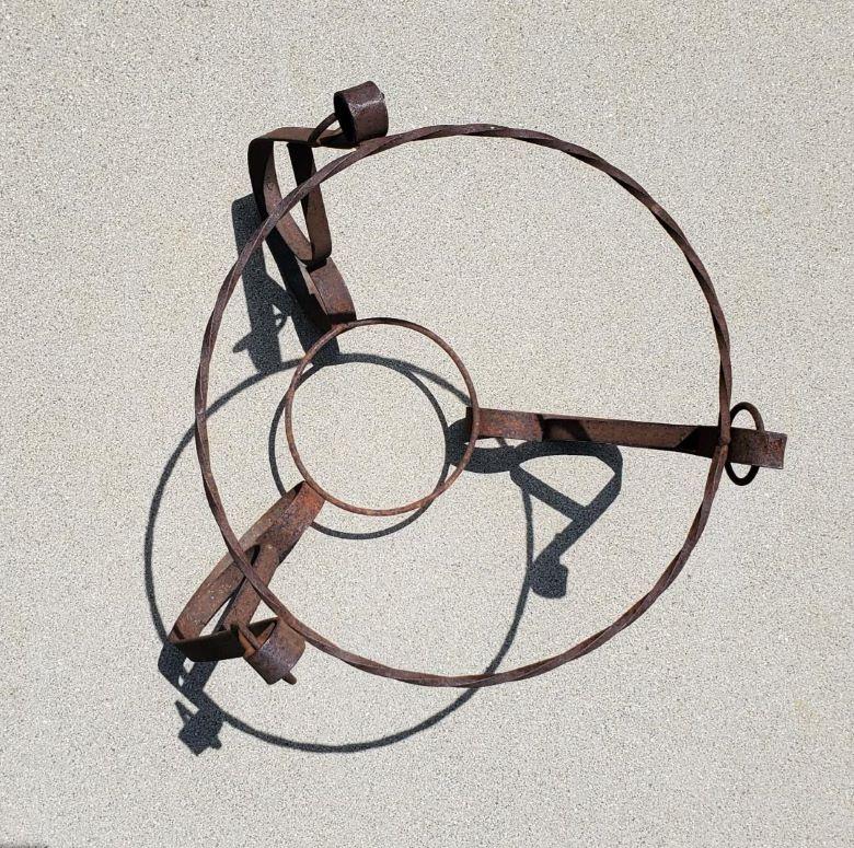 Vintage California Forged Flat Iron Planter With decorative Rings Made In The USA In The 1940s. 
The Twisted Top Brutalist Forged Ring Is 15.25 Inches And The Second Or Bottom  Ring Is 7 Inches Round.
The Dimensions Are 17.5 Inches Wide At The Top